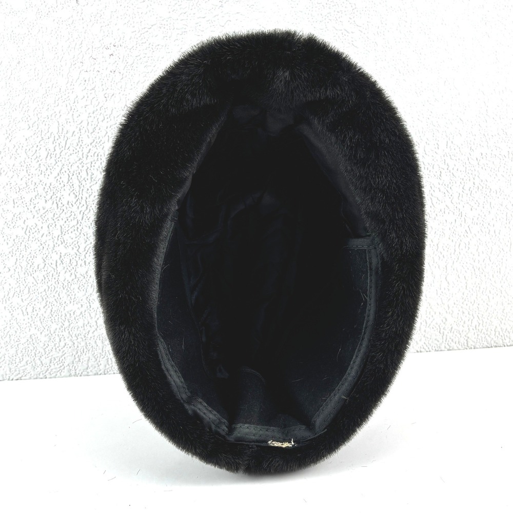 Vintage Faux Fur Fedora Hat Mens Large Black Excellent Ear Flaps Feather Pin - Picture 6 of 6